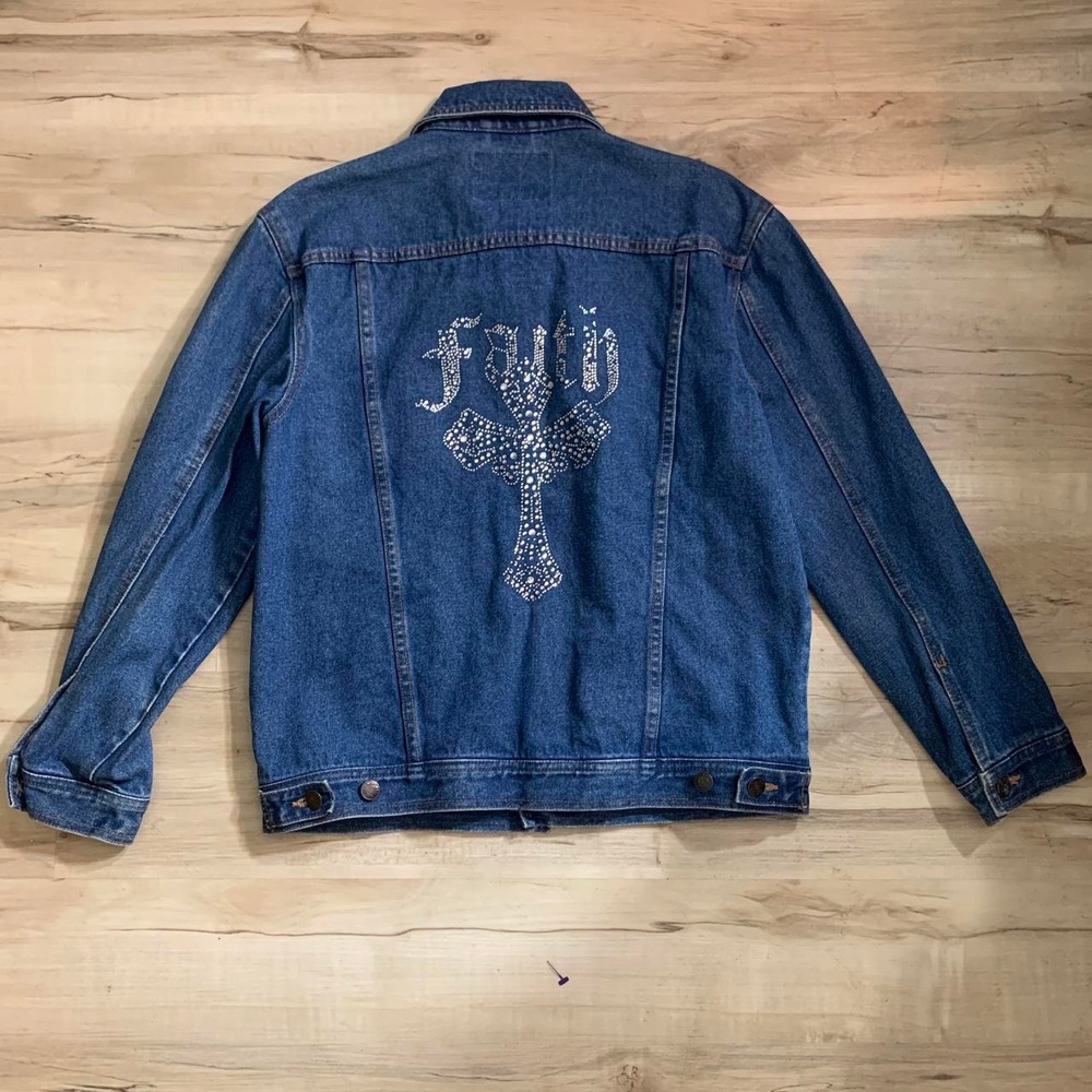 Real Work Wear Blue Denim Rhinestone Faith Cross Jacket Women L 14-16